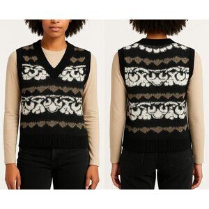 Belldini Black, White & Mocha Patterned Sleeveless Knit Sweater Vest Size Medium